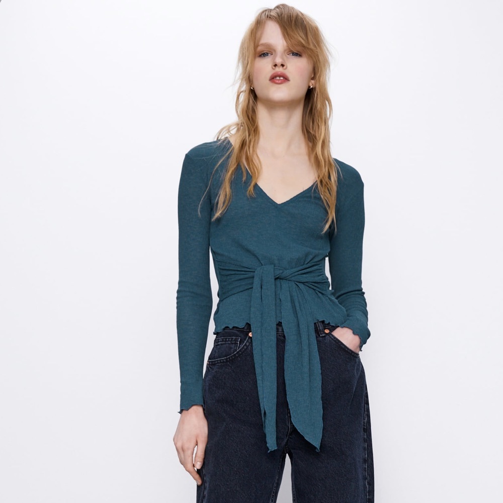 ZARA Textured T-Shirt W/ knot TRF